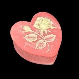 Vintage Valentine Incolay Stone Pink Heart Rose Trinket Jewelry Box Dish